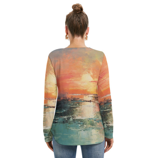 All-Over Print Women's Long Sleeve Neckline Tie Sweatshirt
