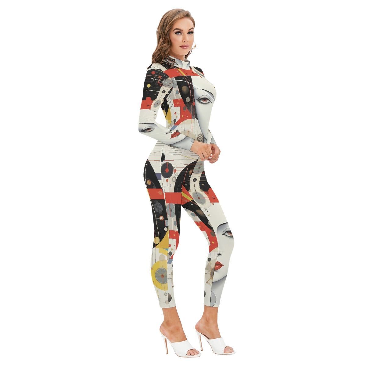 All-Over Print Women's Long-sleeved High-neck Jumpsuit With Zipper