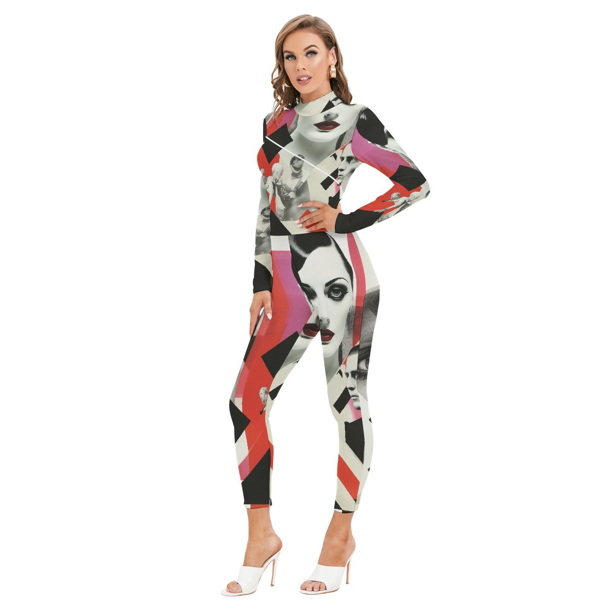 All-Over Print Women's Long-sleeved High-neck Jumpsuit With Zipper