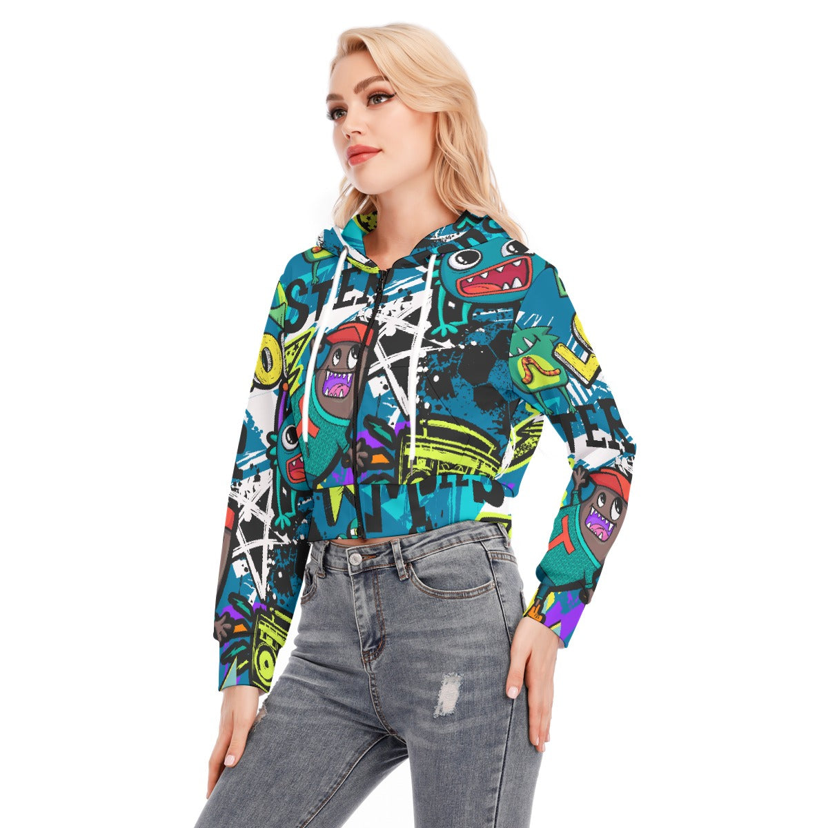 All-Over Print Women's Crop Top Hoodie With Zipper Closure