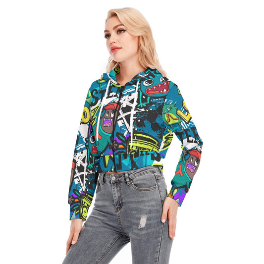 All-Over Print Women's Crop Top Hoodie With Zipper Closure