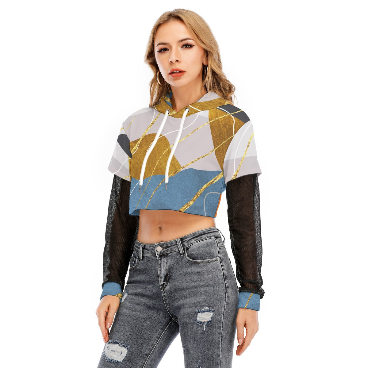 All-Over Print Women's Fake Two-piece Mesh Sleeve Cropped Hoodie