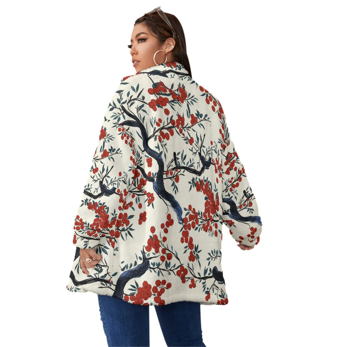 All-Over Print Unisex Borg Fleece Stand-up Collar Coat With Zipper Closure(Plus Size)