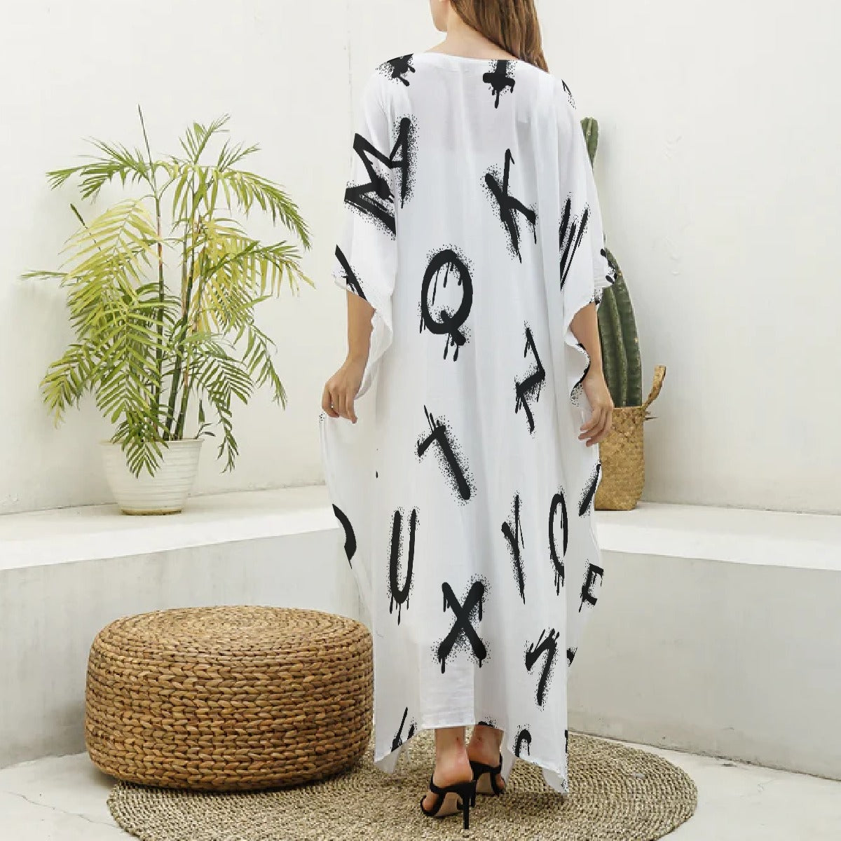 All-Over Print Women's Imitation Silk V-neck Kaftan Robe