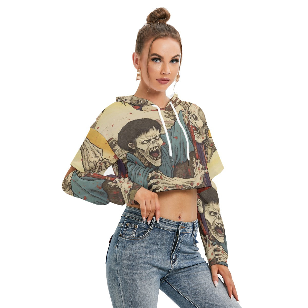All-Over Print Women's Heavy Fleece Hoodie With Hollow Out Sleeve