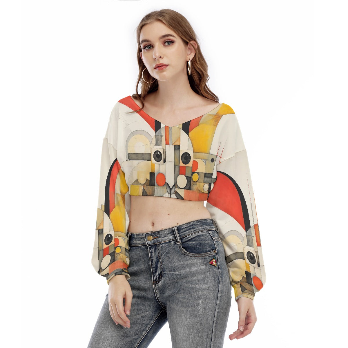 All-Over Print Women's V-neck Long Sleeve Cropped Sweatshirt