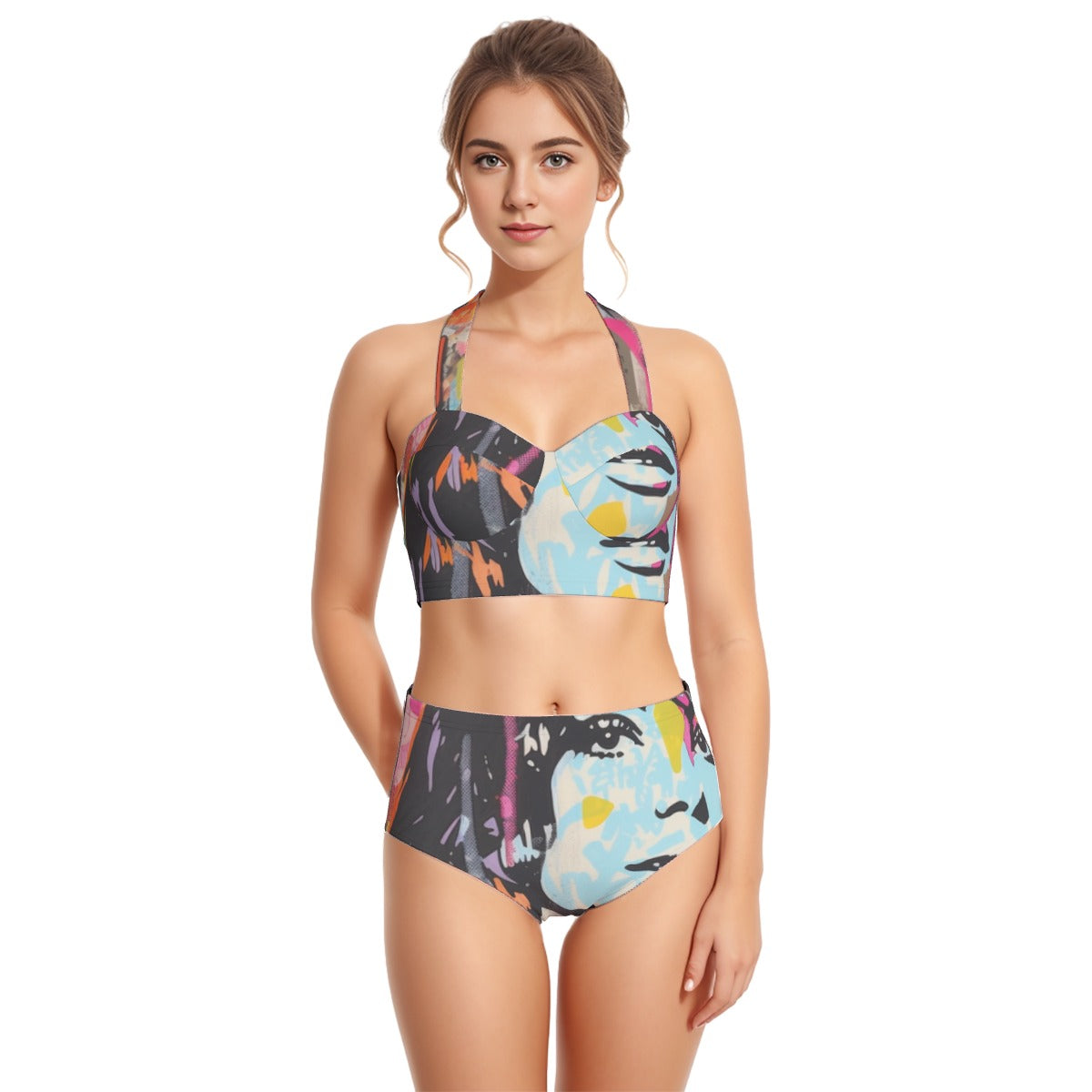 All-Over Print Women's Swimsuit Set With Halter