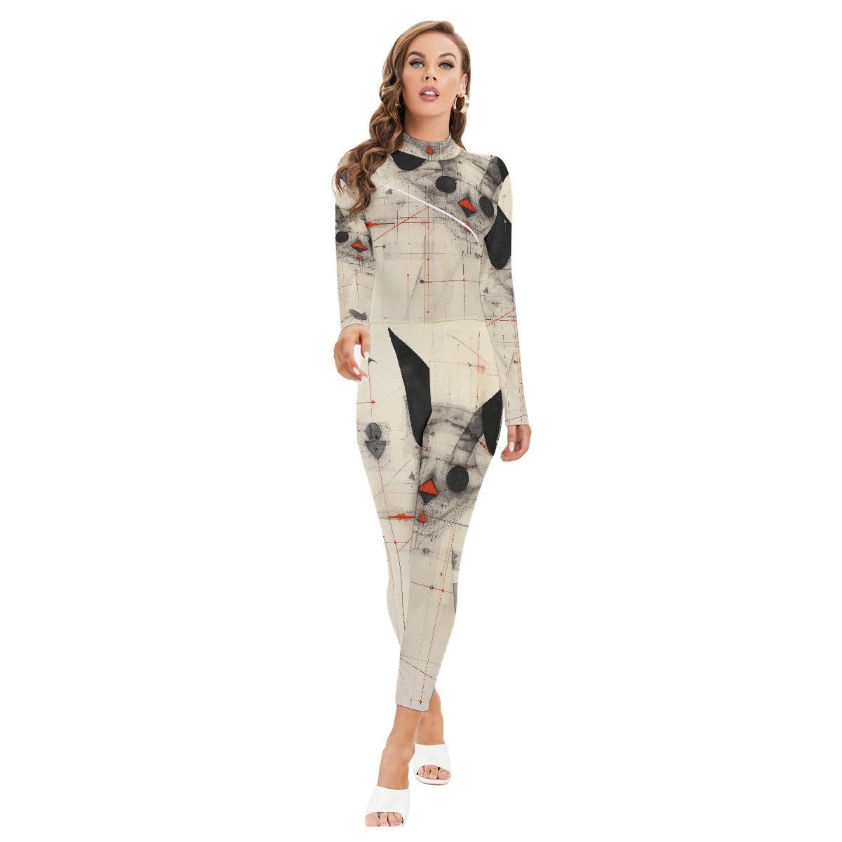 All-Over Print Women's Long-sleeved High-neck Jumpsuit With Zipper
