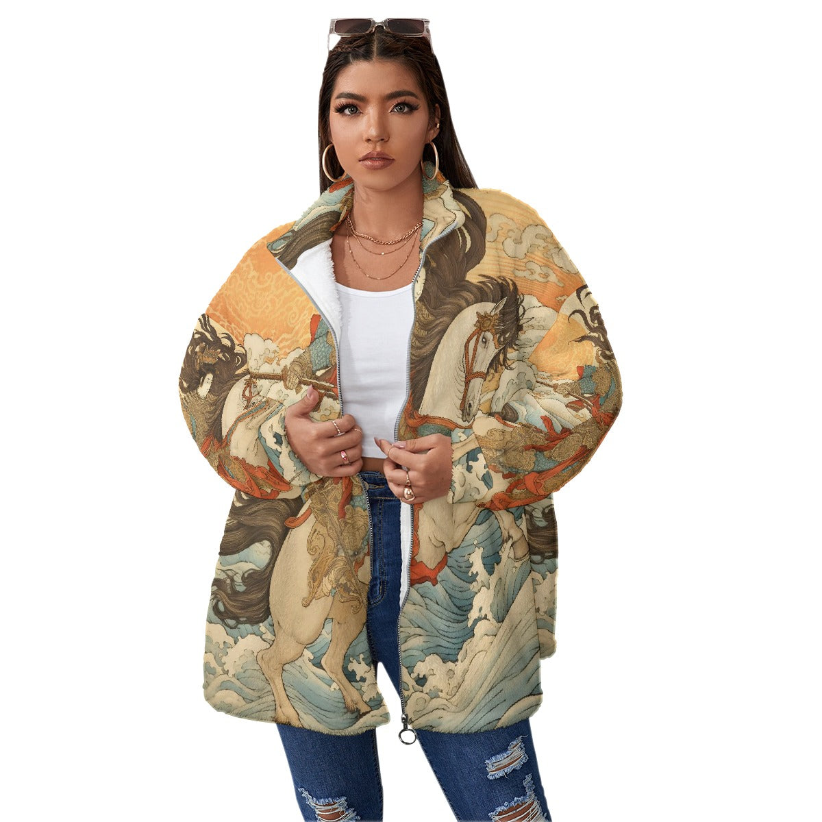 All-Over Print Unisex Borg Fleece Stand-up Collar Coat With Zipper Closure(Plus Size)