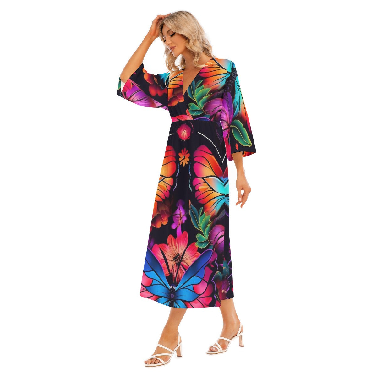 All-Over Print Women's Mid-Sleeve Long Dress