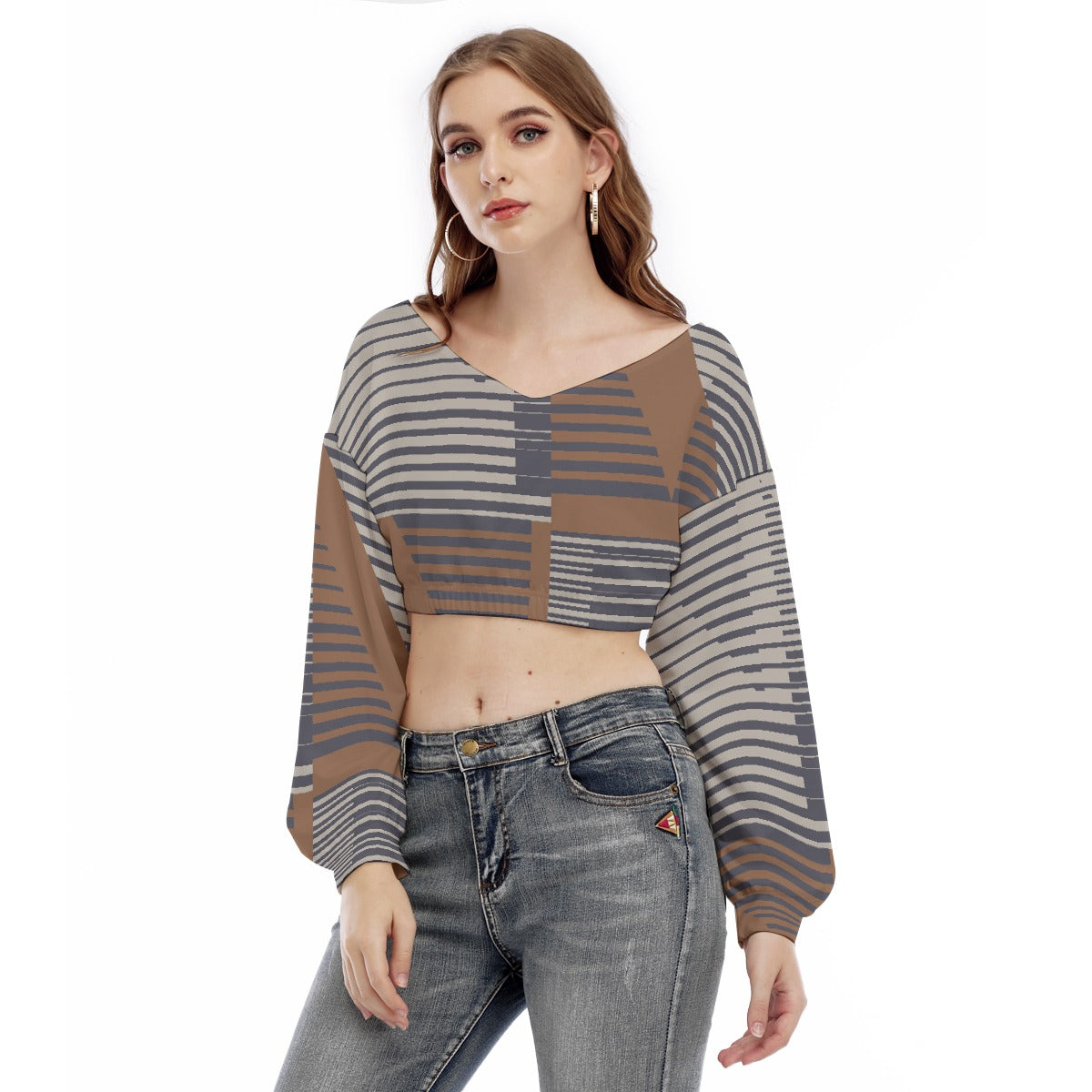 All-Over Print Women's V-neck Long Sleeve Cropped Sweatshirt