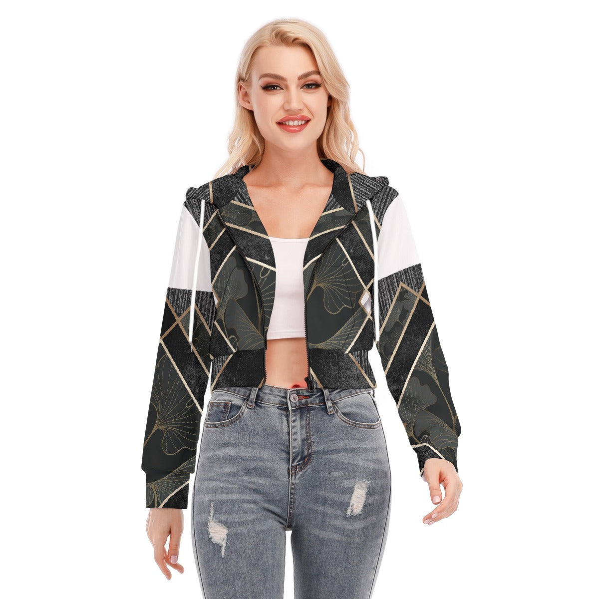 All-Over Print Women's Crop Top Hoodie With Zipper Closure