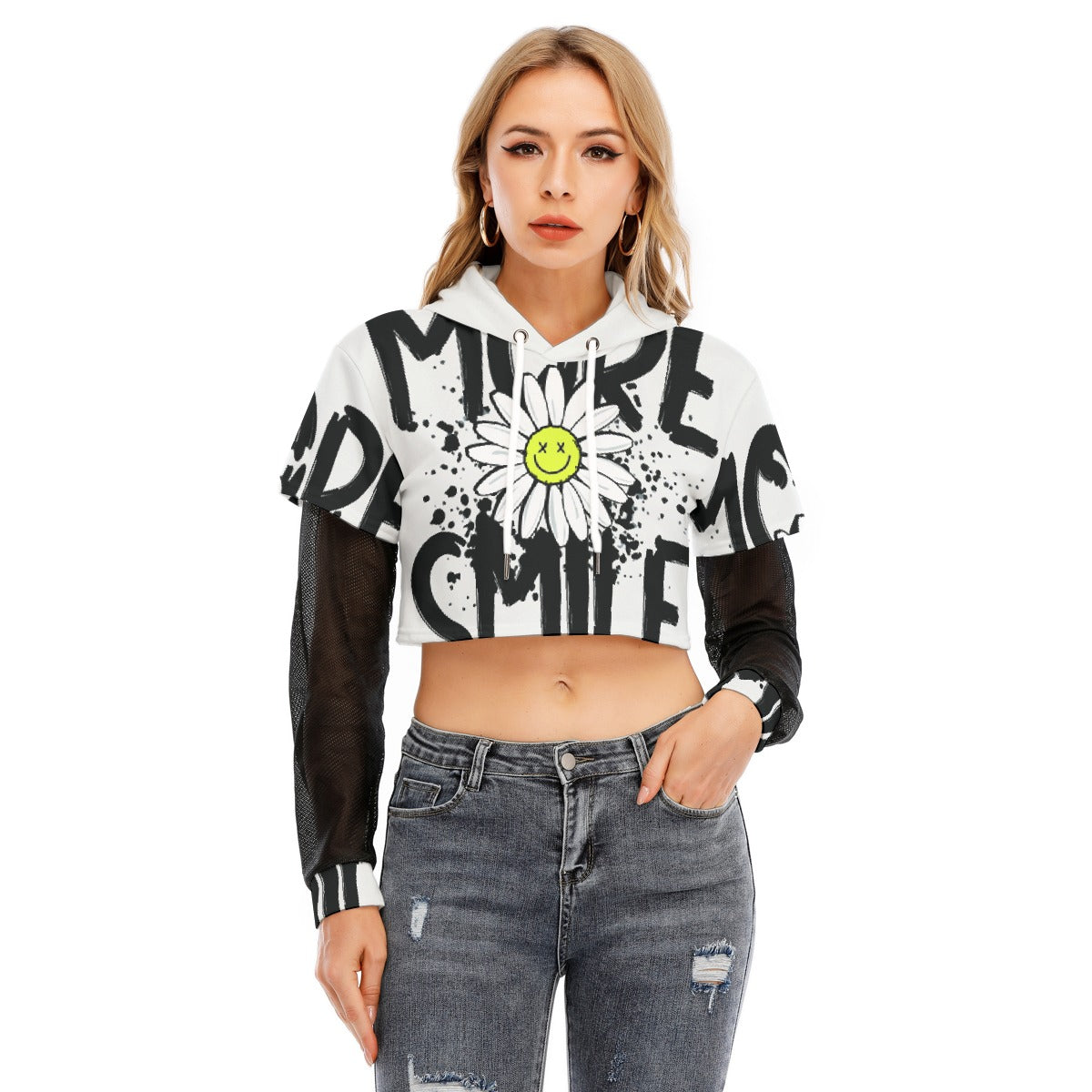 All-Over Print Women's Fake Two-piece Mesh Sleeve Cropped Hoodie
