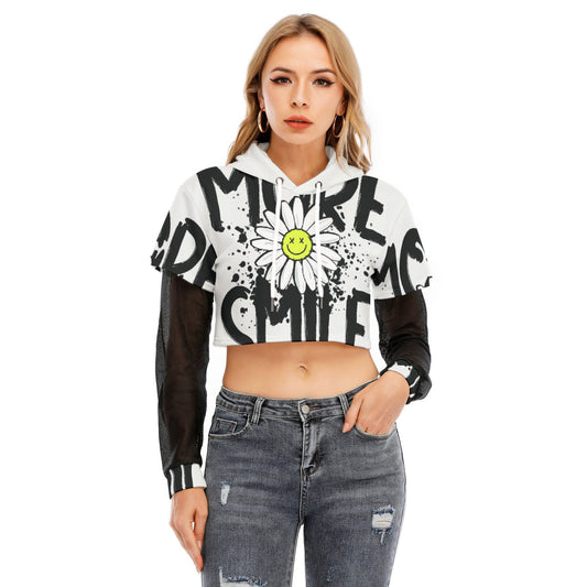 All-Over Print Women's Fake Two-piece Mesh Sleeve Cropped Hoodie