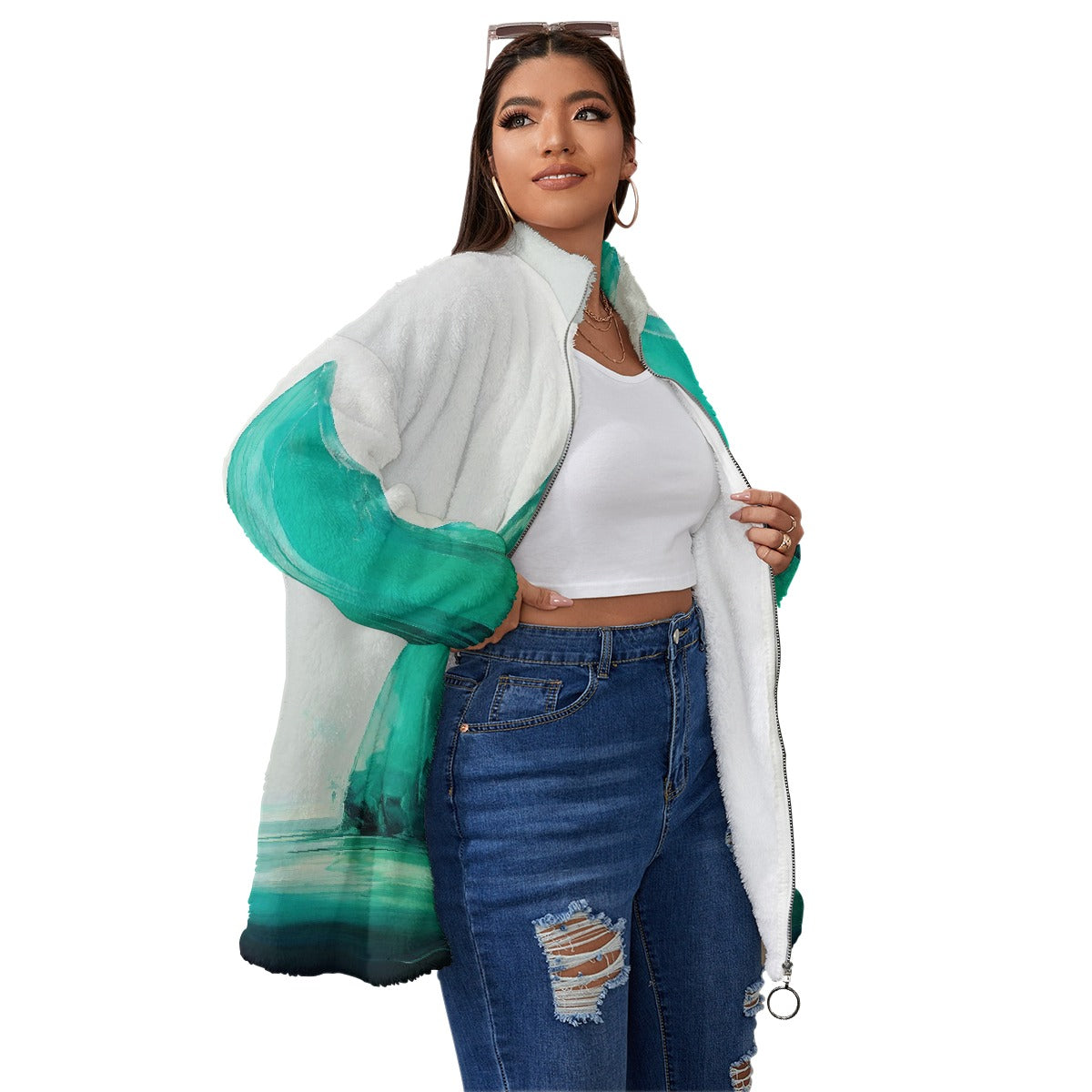 All-Over Print Unisex Borg Fleece Stand-up Collar Coat With Zipper Closure(Plus Size)