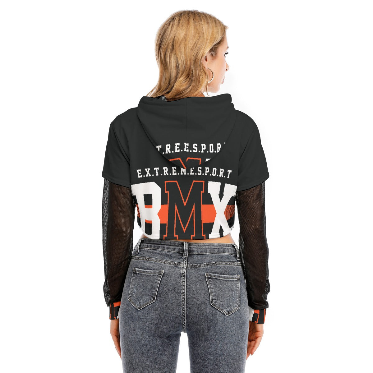 All-Over Print Women's Fake Two-piece Mesh Sleeve Cropped Hoodie