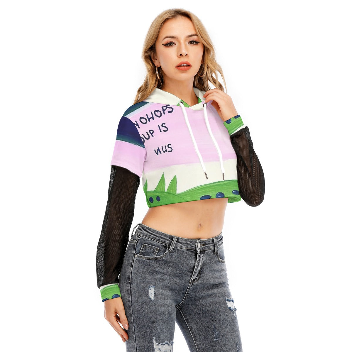 All-Over Print Women's Fake Two-piece Mesh Sleeve Cropped Hoodie