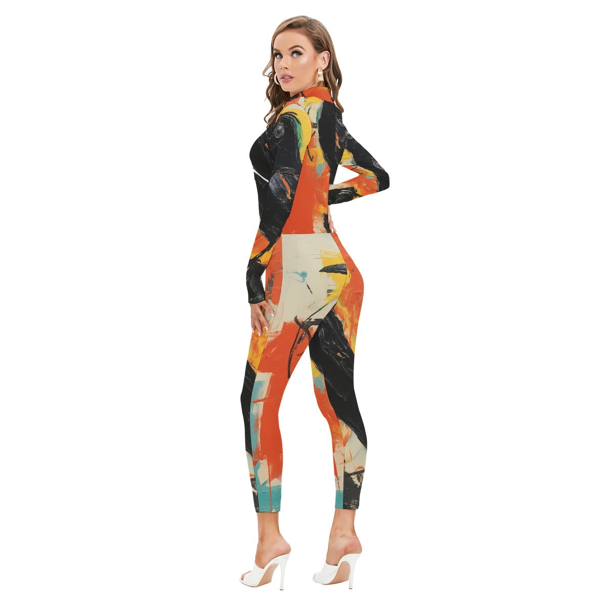 All-Over Print Women's Long-sleeved High-neck Jumpsuit With Zipper