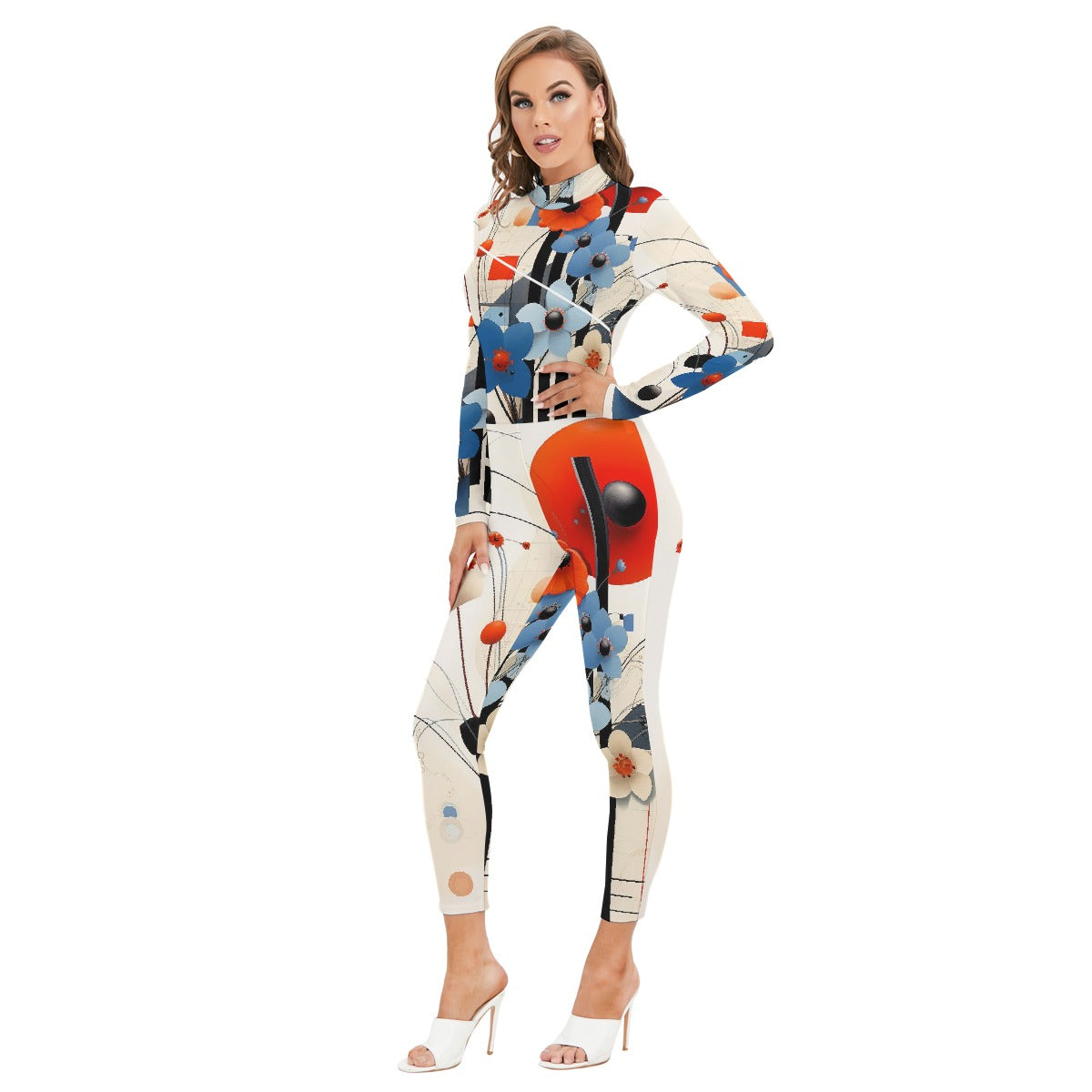 All-Over Print Women's Long-sleeved High-neck Jumpsuit With Zipper
