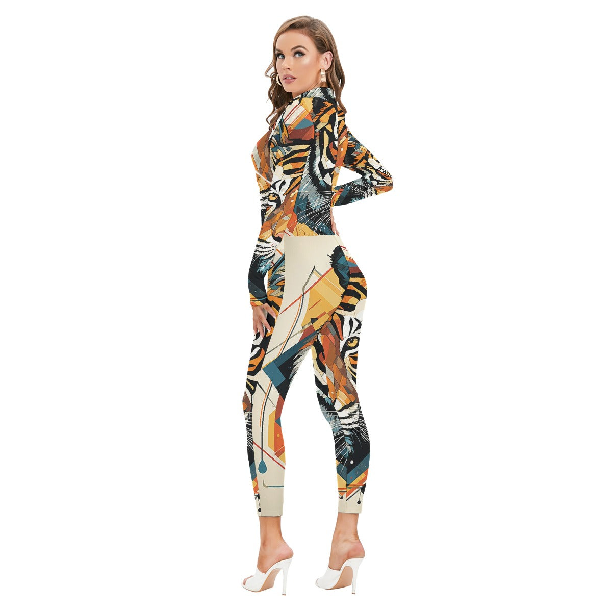All-Over Print Women's Long-sleeved High-neck Jumpsuit With Zipper