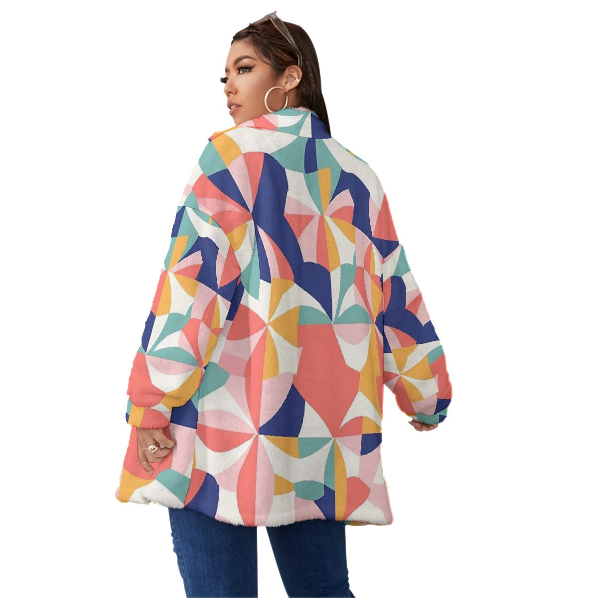 All-Over Print Unisex Borg Fleece Stand-up Collar Coat With Zipper Closure(Plus Size)