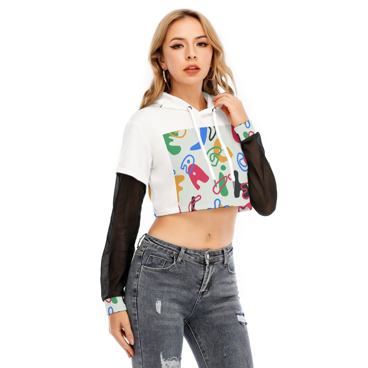 All-Over Print Women's Fake Two-piece Mesh Sleeve Cropped Hoodie