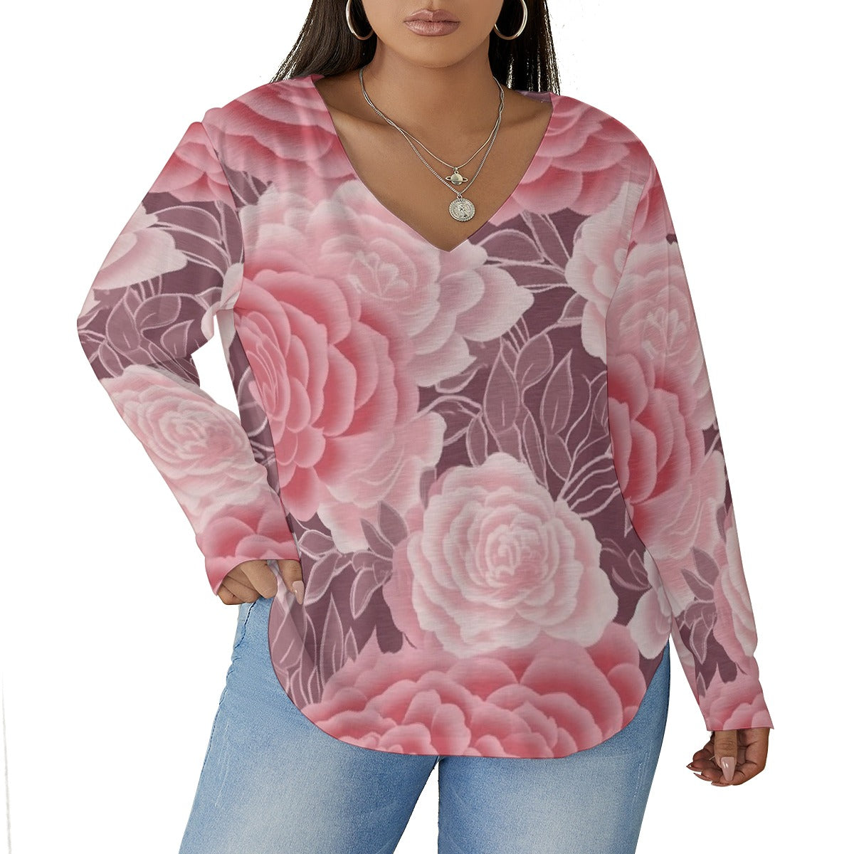 All-Over Print Women's V-neck T-shirt With Curved Hem(Plus Size)