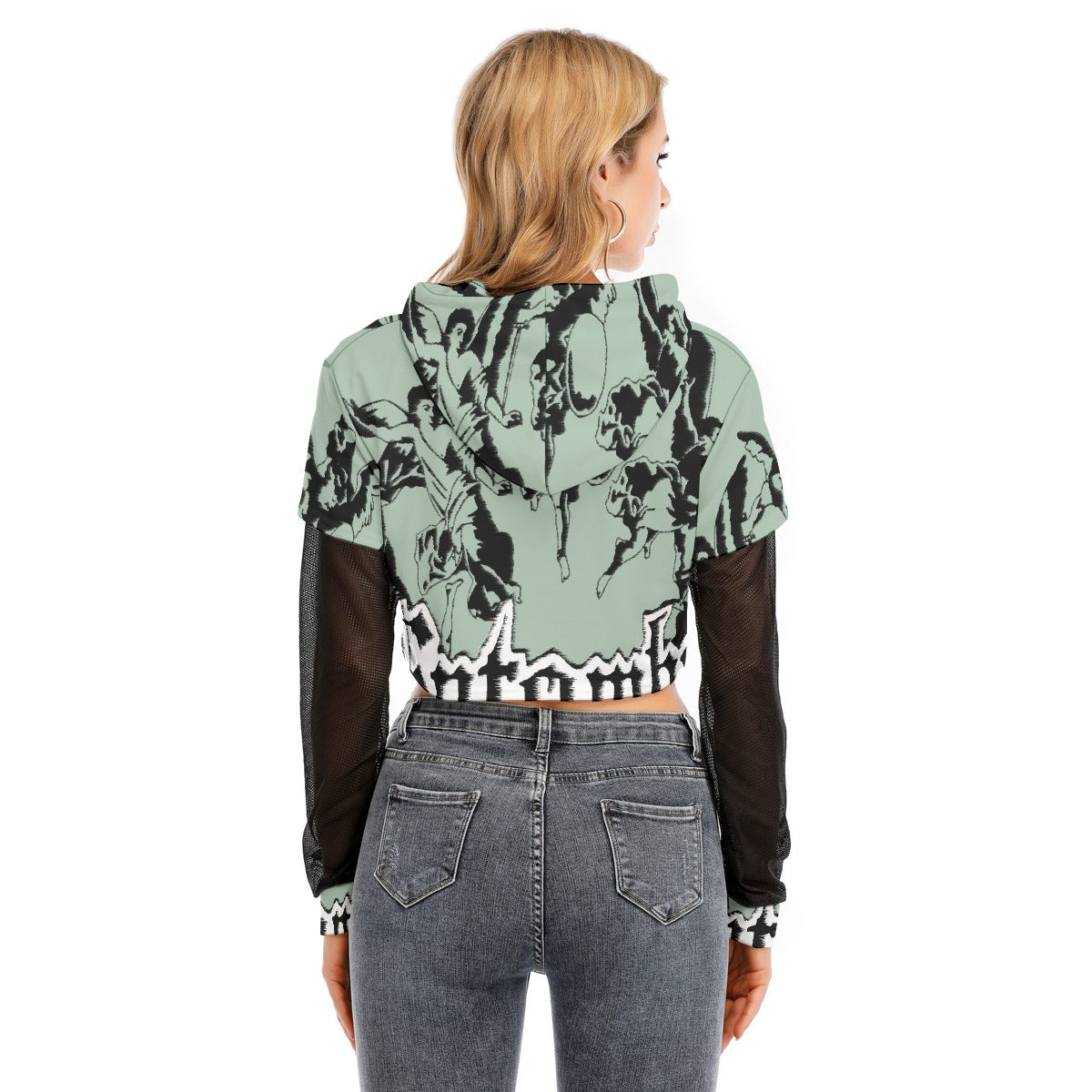 All-Over Print Women's Fake Two-piece Mesh Sleeve Cropped Hoodie