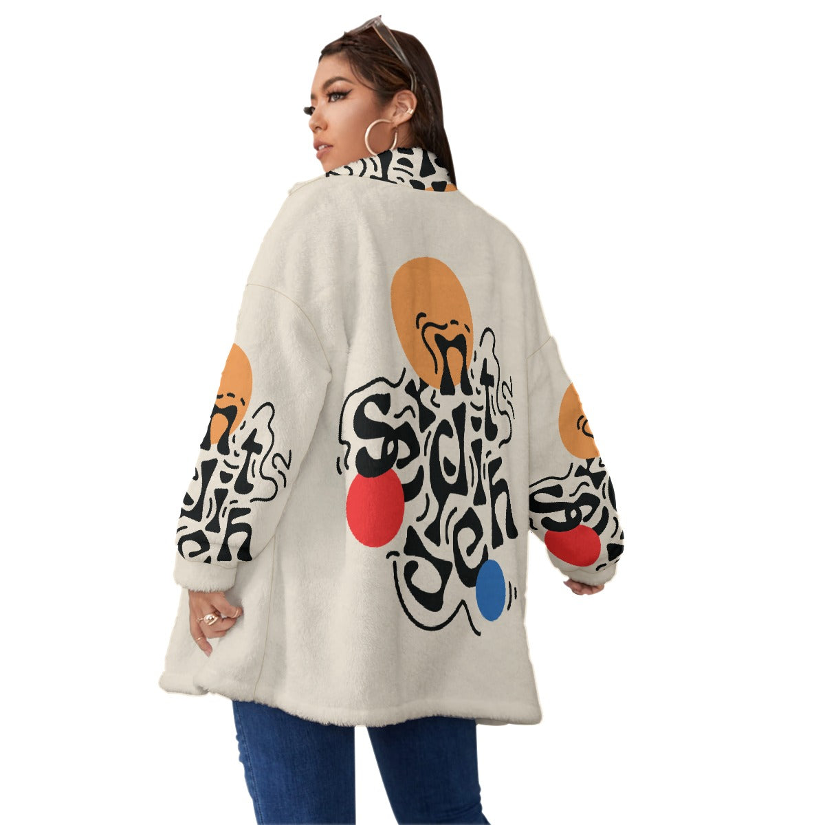 All-Over Print Unisex Borg Fleece Stand-up Collar Coat With Zipper Closure(Plus Size)
