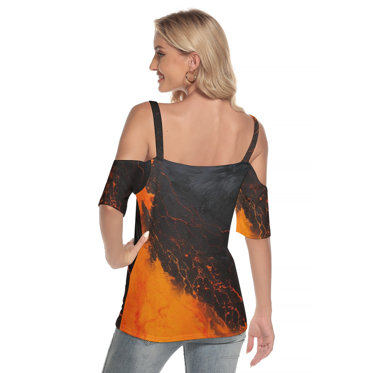 All-Over Print Women's Cold Shoulder T-shirt With Criss Cross Strips