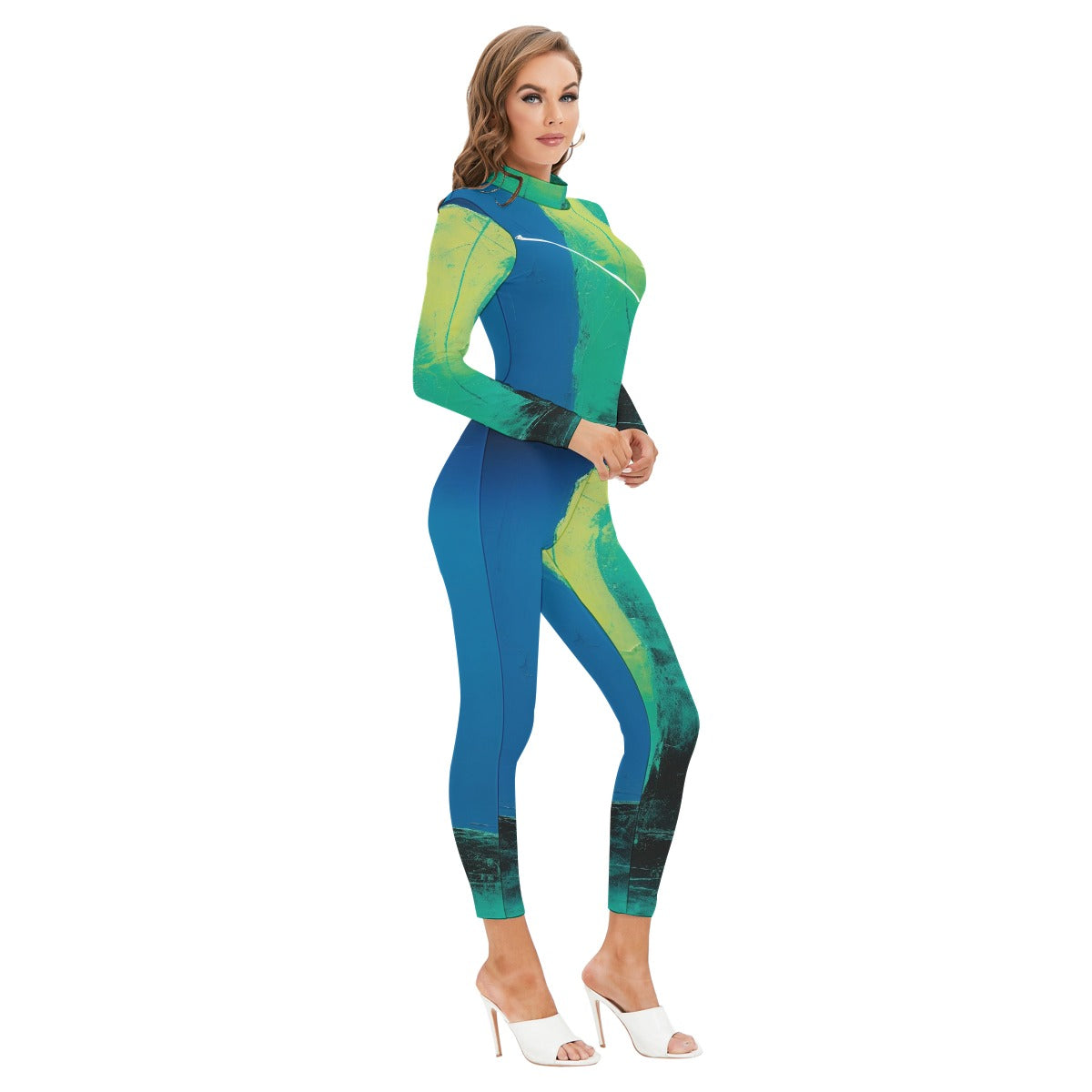 All-Over Print Women's Long-sleeved High-neck Jumpsuit With Zipper