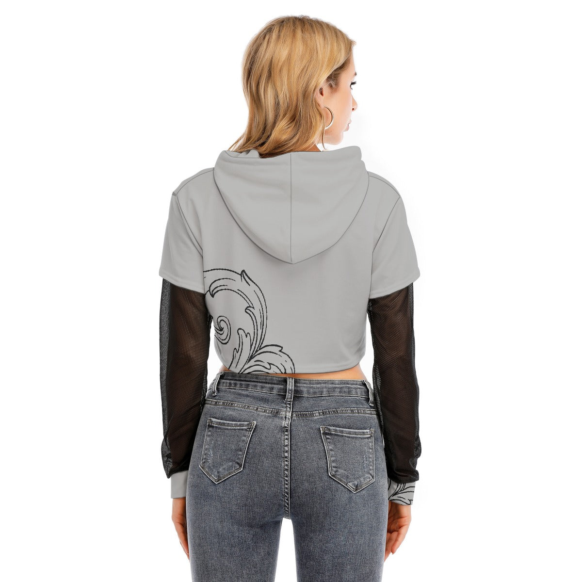 All-Over Print Women's Fake Two-piece Mesh Sleeve Cropped Hoodie