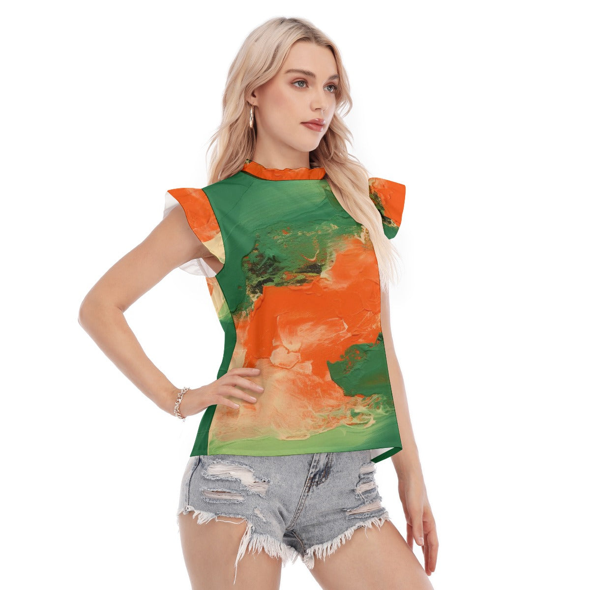 All-Over Print Women's Blouse With Ruffle Collar And Sleeve