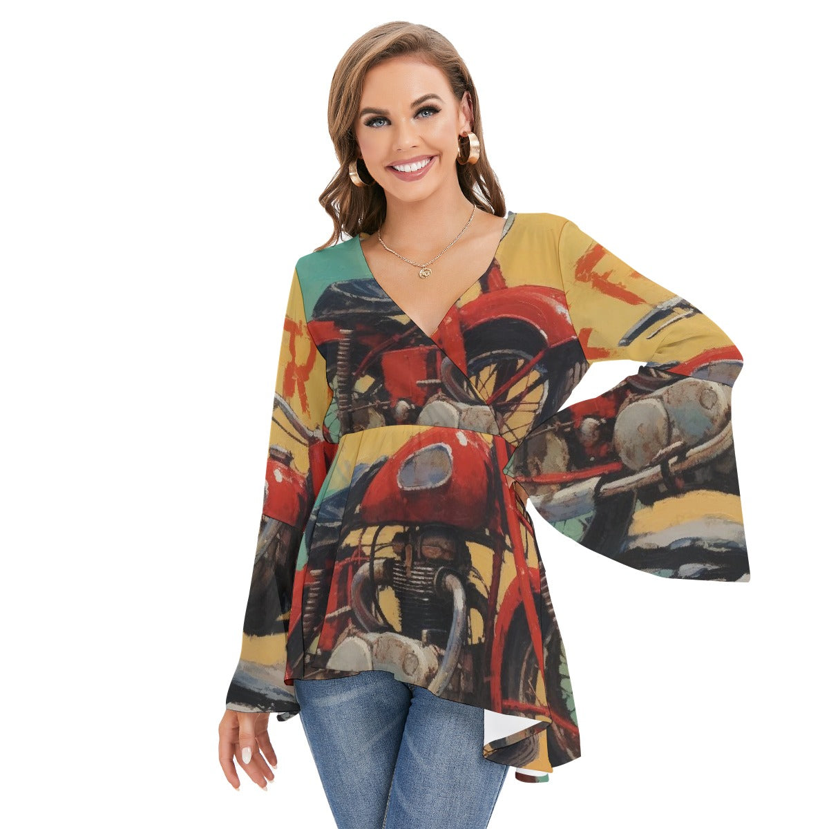 All-Over Print Women's V-neck Blouse With Flared Sleeves