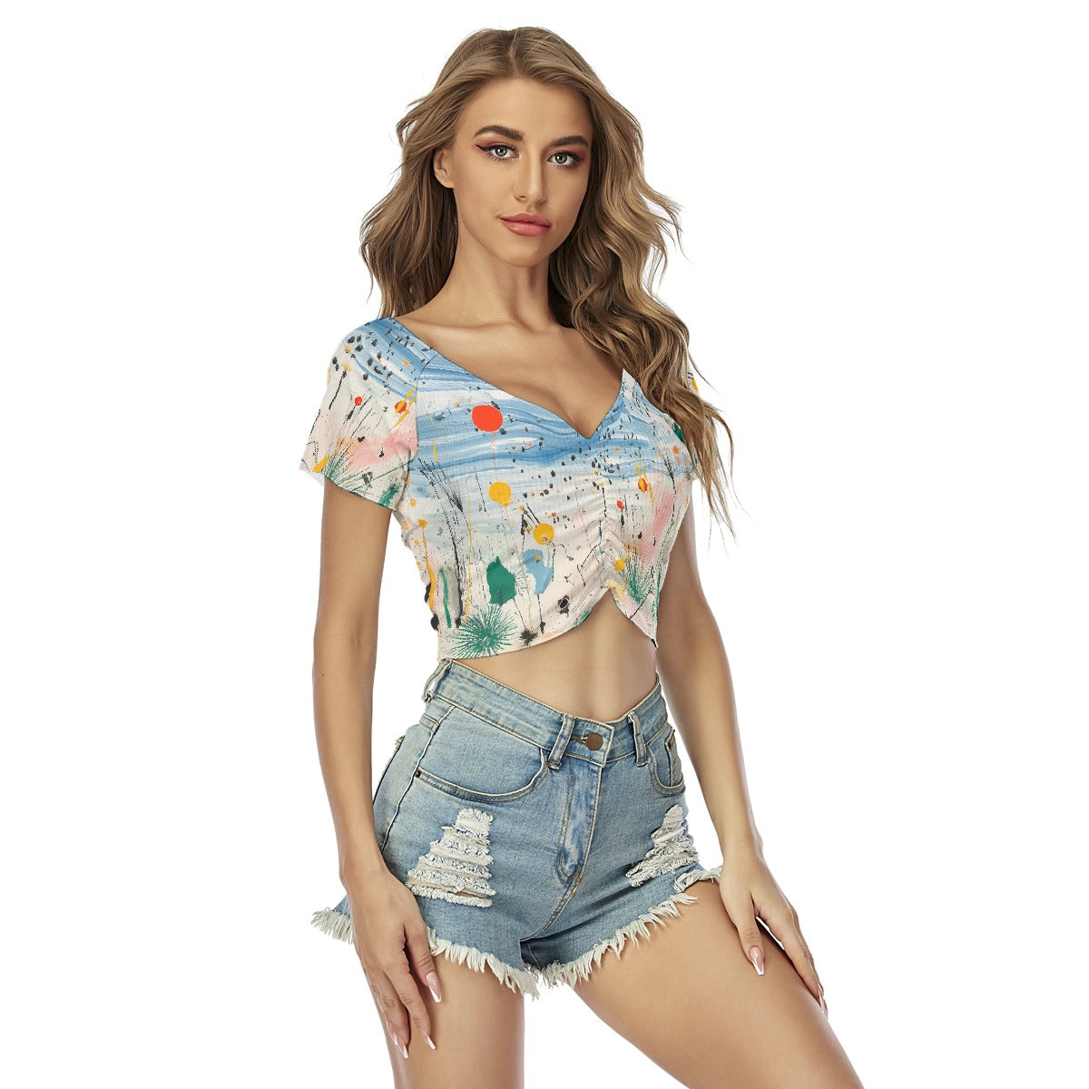 All-Over Print Women's Raglan Drawstring Front  Crop Tee