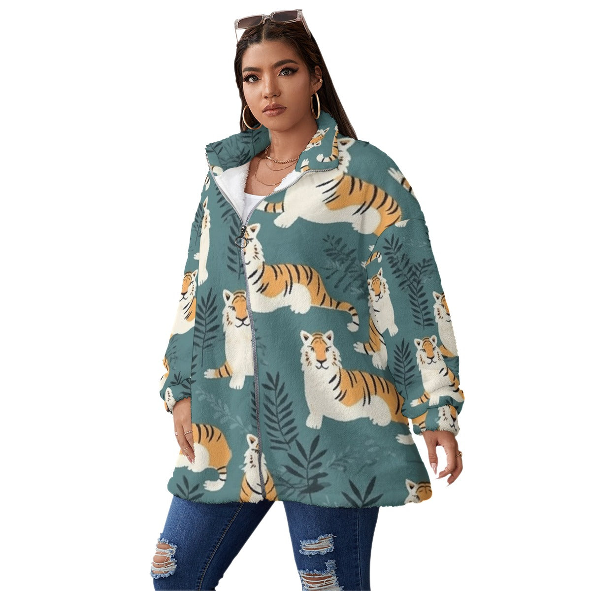 All-Over Print Unisex Borg Fleece Stand-up Collar Coat With Zipper Closure(Plus Size)