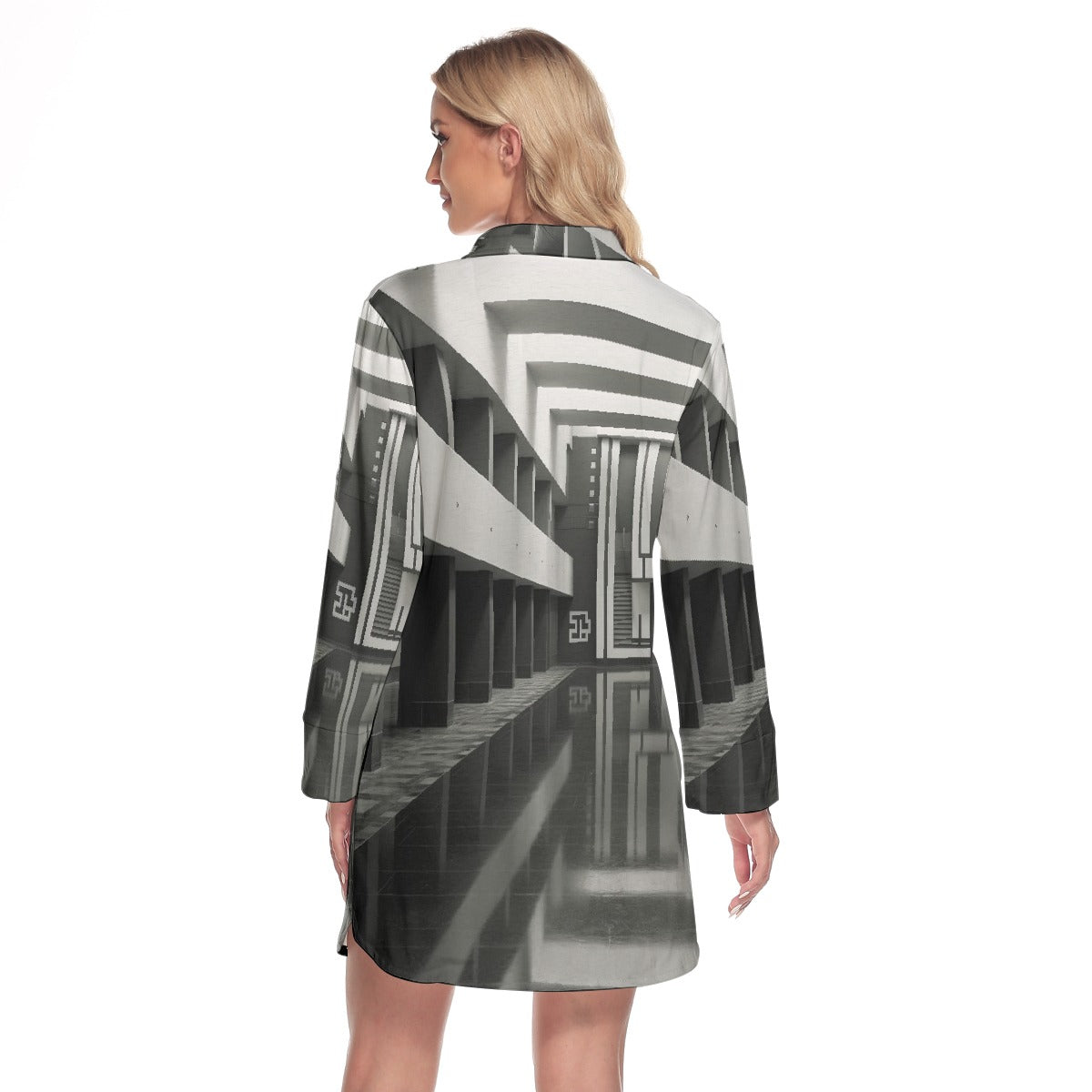 All-Over Print Women's Lapel Shirt Dress With Long Sleeve