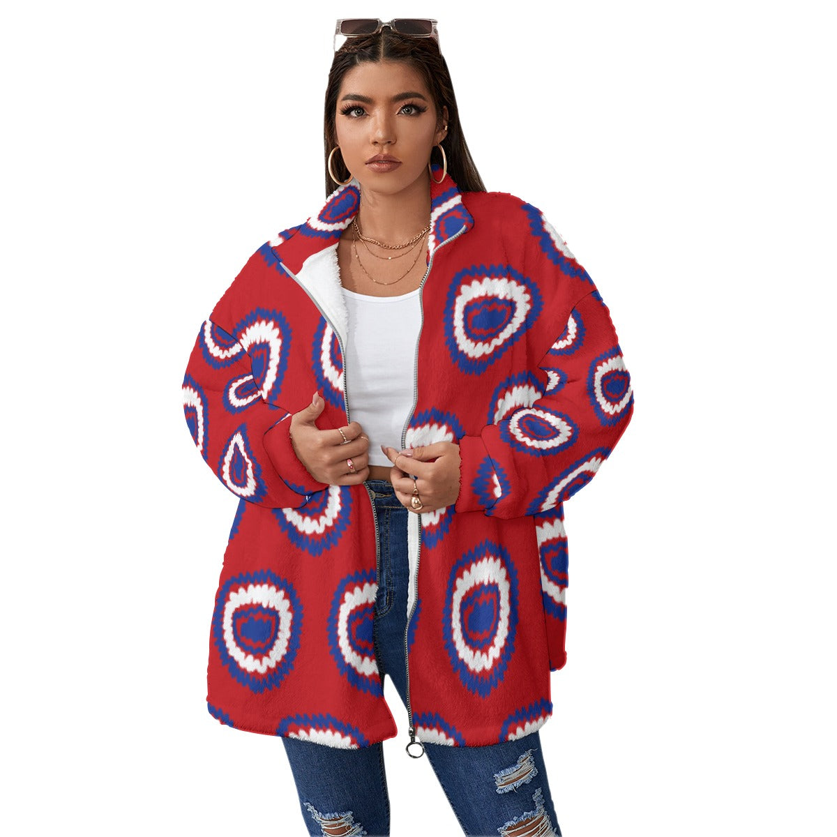 All-Over Print Unisex Borg Fleece Stand-up Collar Coat With Zipper Closure(Plus Size)