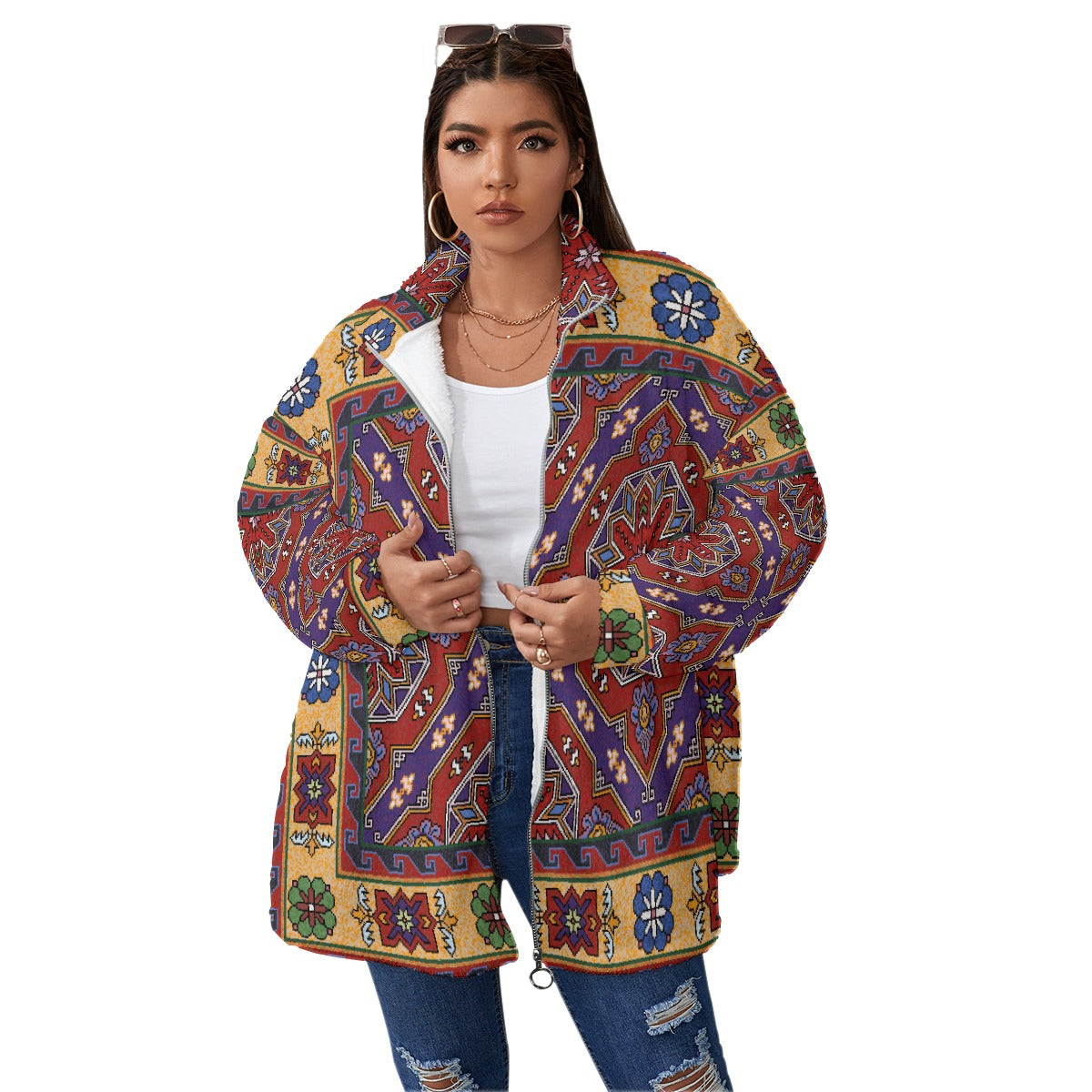 All-Over Print Unisex Borg Fleece Stand-up Collar Coat With Zipper Closure(Plus Size)