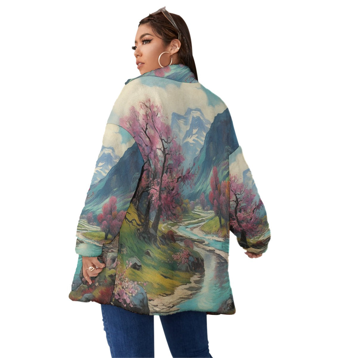All-Over Print Unisex Borg Fleece Stand-up Collar Coat With Zipper Closure(Plus Size)