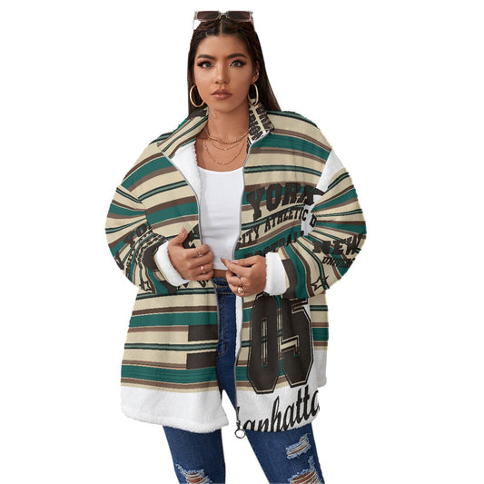 All-Over Print Unisex Borg Fleece Stand-up Collar Coat With Zipper Closure(Plus Size)