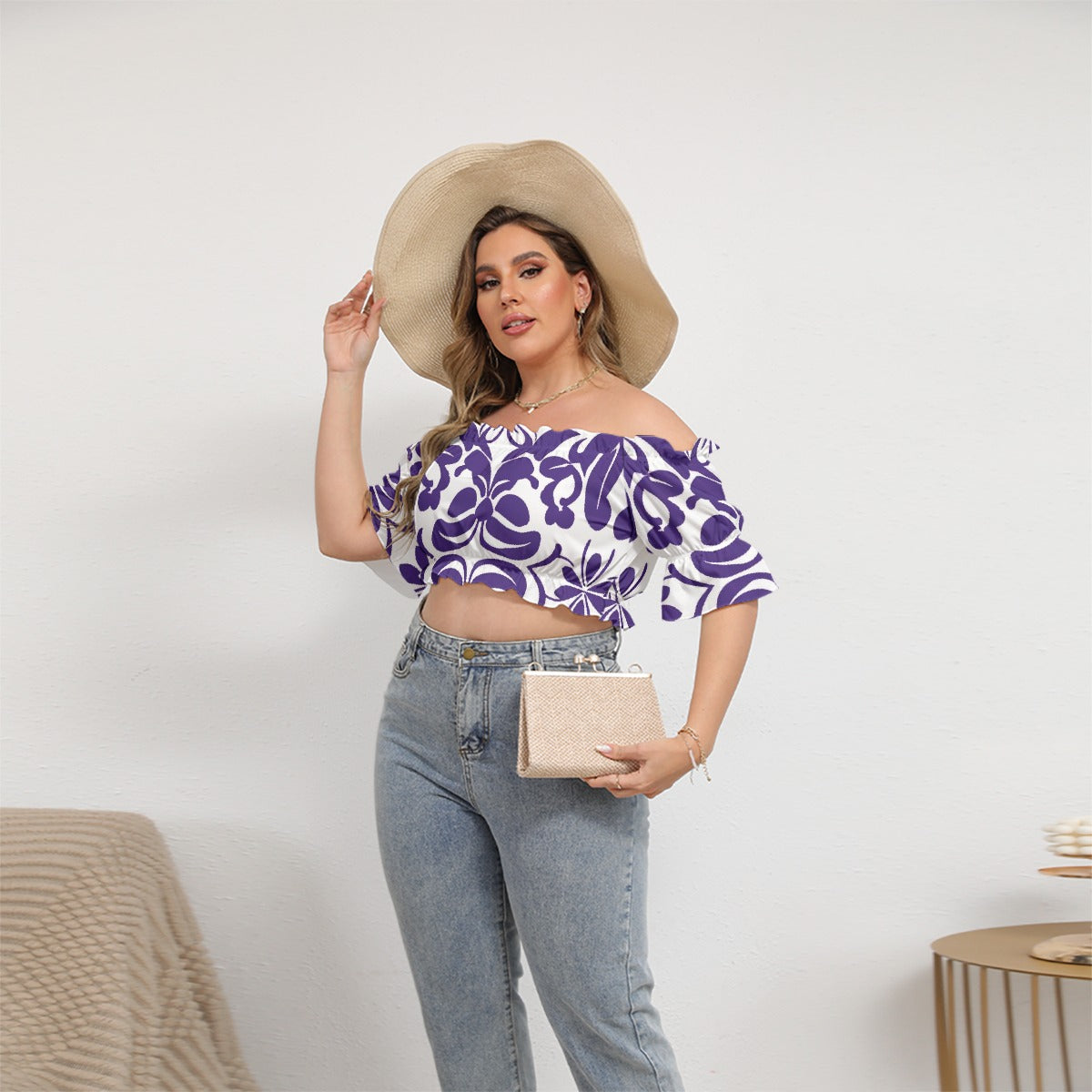All-Over Print Women's Off-shoulder Cropped Top With Short Puff Sleeve