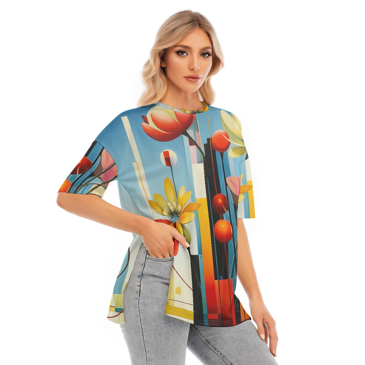 All-Over Print Women's Short Sleeves T-shirt With Hem Split