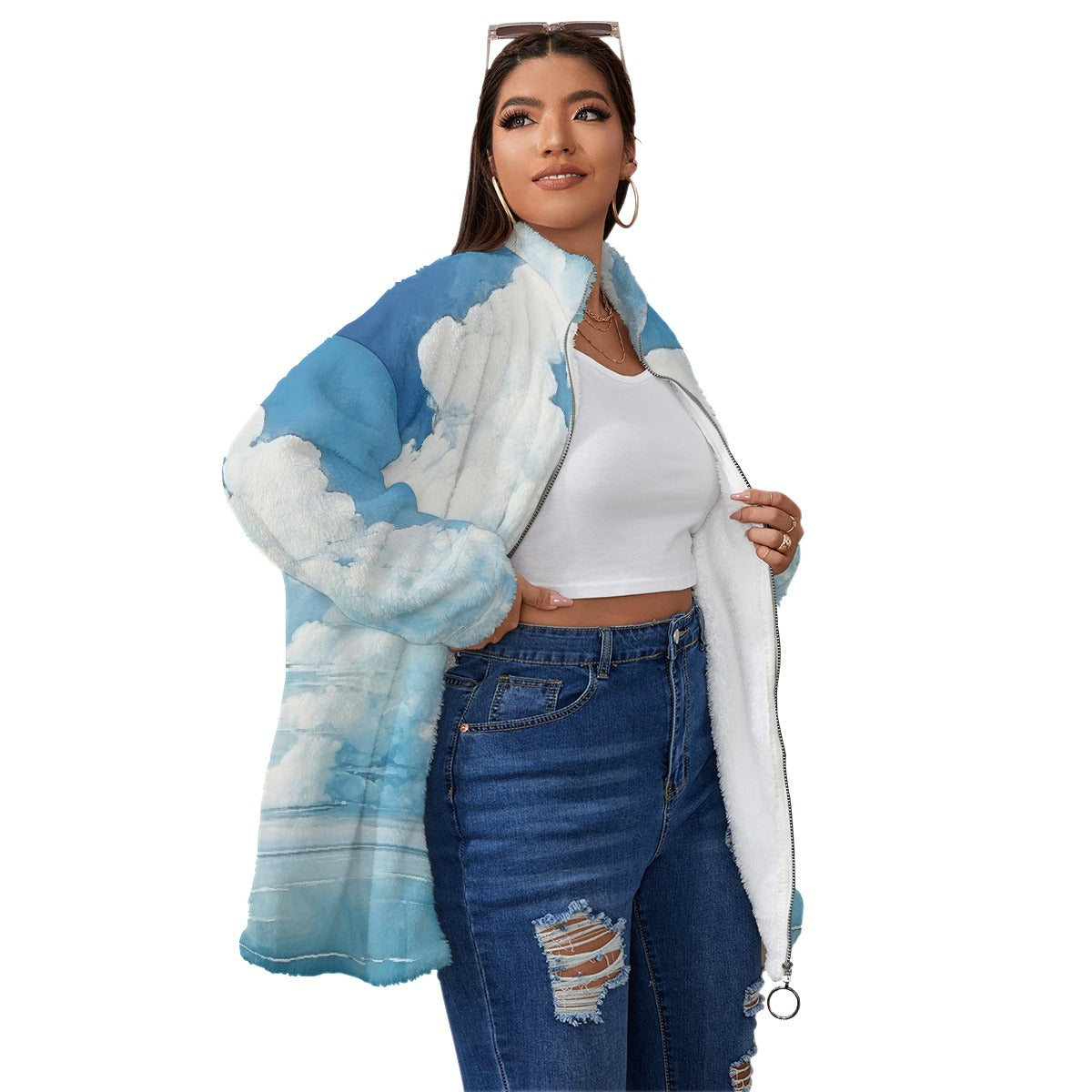 All-Over Print Unisex Borg Fleece Stand-up Collar Coat With Zipper Closure(Plus Size)