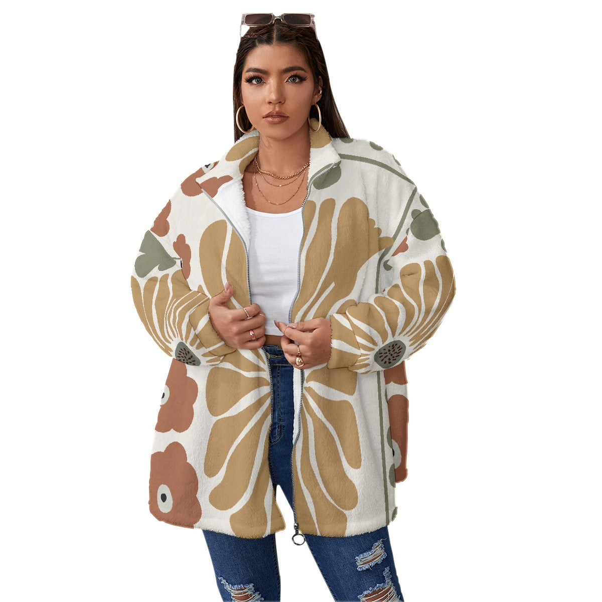 All-Over Print Unisex Borg Fleece Stand-up Collar Coat With Zipper Closure(Plus Size)