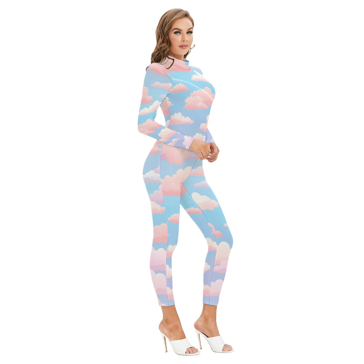 All-Over Print Women's Long-sleeved High-neck Jumpsuit With Zipper