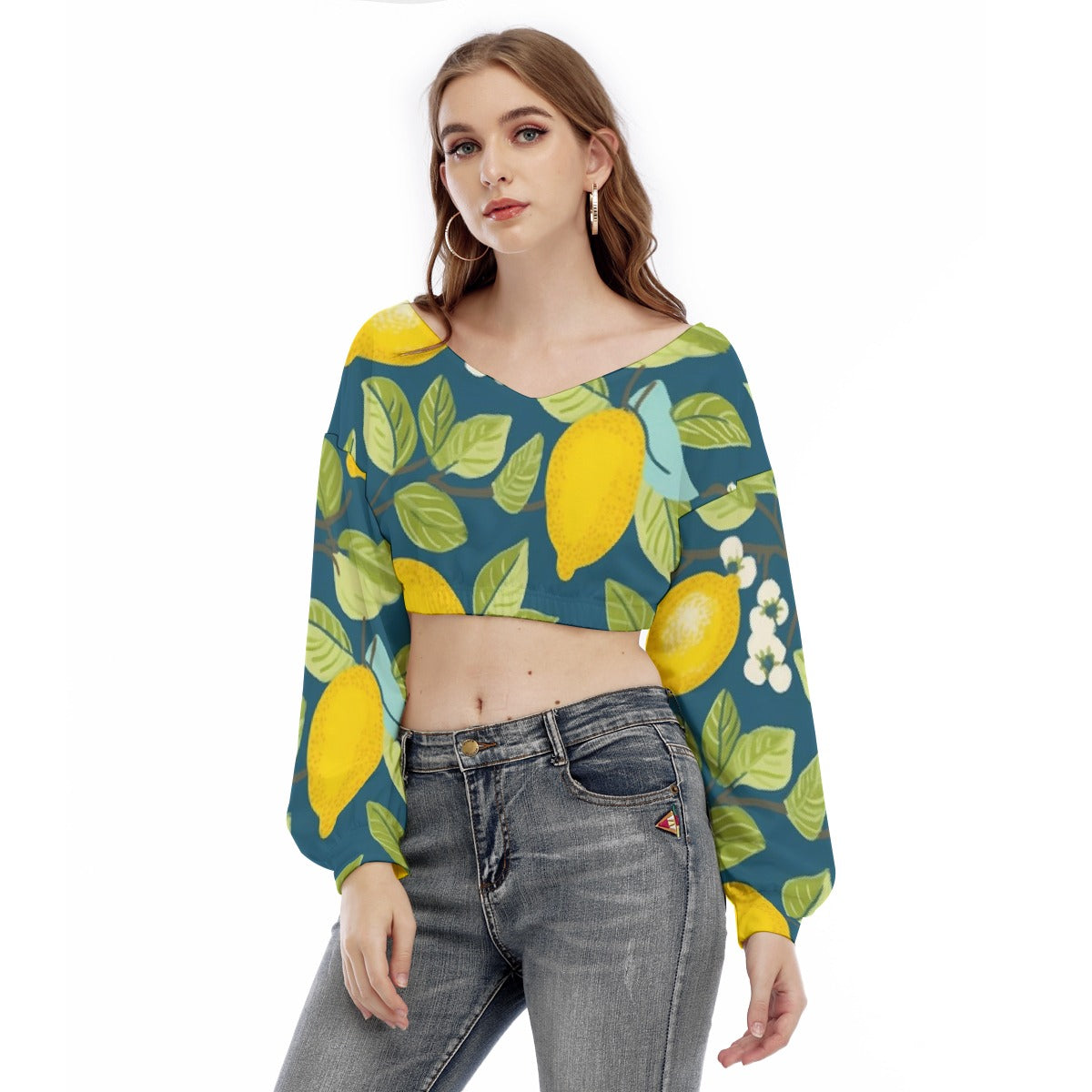 All-Over Print Women's V-neck Long Sleeve Cropped Sweatshirt