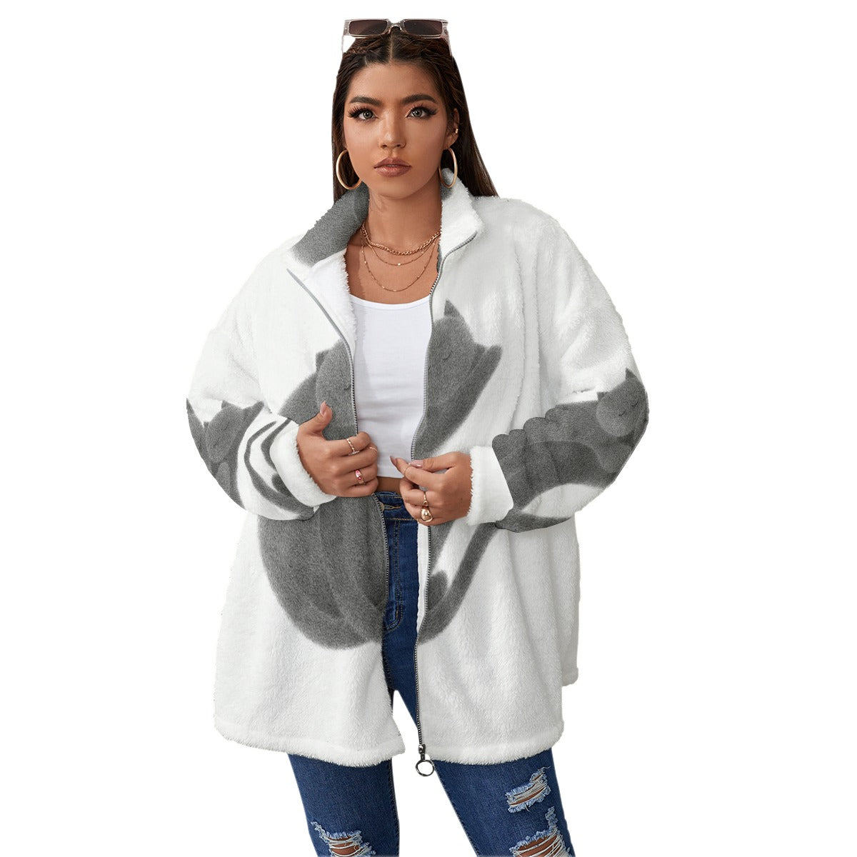 All-Over Print Unisex Borg Fleece Stand-up Collar Coat With Zipper Closure(Plus Size)