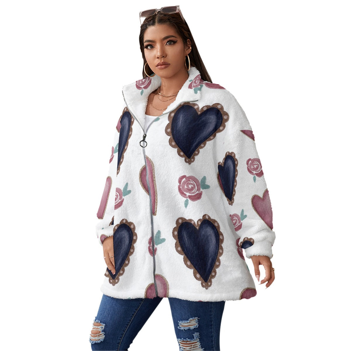 All-Over Print Unisex Borg Fleece Stand-up Collar Coat With Zipper Closure(Plus Size)