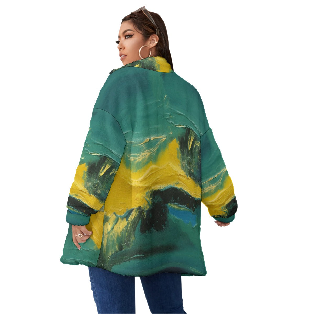 All-Over Print Unisex Borg Fleece Stand-up Collar Coat With Zipper Closure(Plus Size)